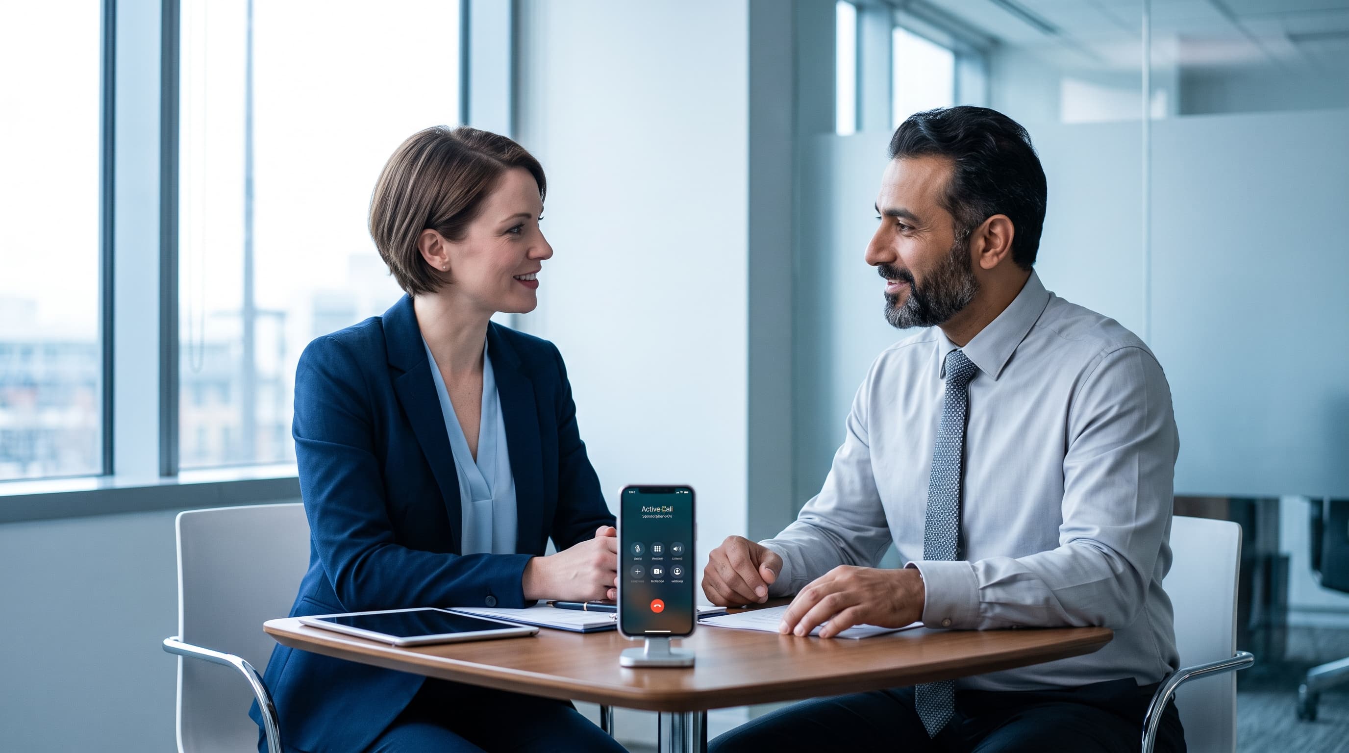 A professional and a client speaking together with live translation