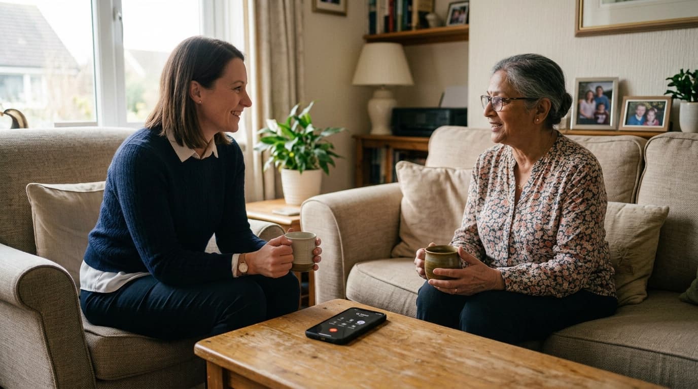 A professional and a client sitting together at home, with a phone translating their conversation